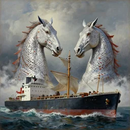 a mindblowing painting of mythological kelpies attacking cargo ships, 4 k uhd