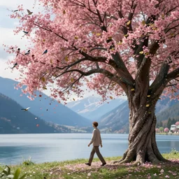 a beautiful awesome artistic tree human walks next to a tree, tree with falling flowers like leaves and many birds, all in the amazing outdoors view, mountain in the background, lake, long exposure, 8 k resolution, trending on artstation