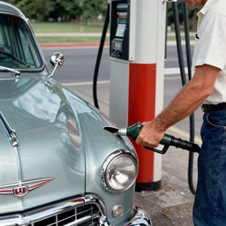 a close-up high quality photo of a man about to pump gas into an old Buick, mid day, William Eggleston style
