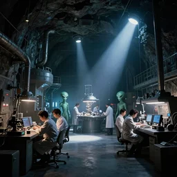Underground lab with scientists, aliens, cinematic light, 1990s sci-fi movie, twilight rays, cinematic, wide angle