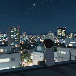 a kid in a big city, sits on a rooftop, watches a beautiful night full of stars and tech buildings, by satoshi kon