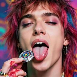 a colorful vibrant closeup portrait of a Rock Star licking a tab of LSD acid on his tongue and dreaming psychedelic hallucinations, by kawase hasui, moebius, Edward Hopper and James Gilleard, Zdzislaw Beksinski, Steven Outram colorful flat surreal design, hd, 8k, artstation