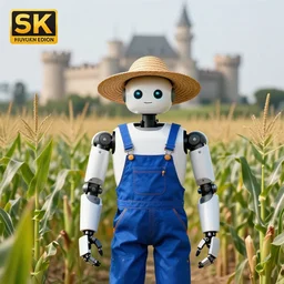 a photo of a robot farmer wearing a straw hat blue overalls in the corn field, photorealistic, 8 k, castle background