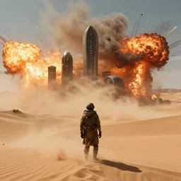 aliens arriving dune, film still from the movie directed by Denis Villeneuve with art direction, wide angle, dust, explosions, detailed, 4K