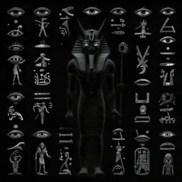 evil black egyptian hieroglyphs on a black background, hidden eyes everywhere