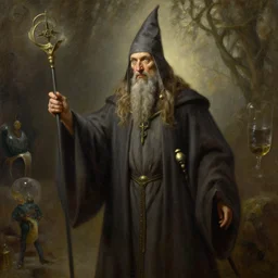 A lawful good wizard, he wears robes. Award winning oil painting by Thomas Cole and Wayne Barlowe. Highly detailed