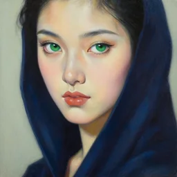 hyperrealism oil painting, close - up portrait of fashion model face, green eyes, dark blue robe, in style of classicism mixed with 8 0 s sci - fi japanese books art