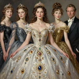 extra perfectness women, amateur, sweetest face, mid shot, fashion model type, expansive dress with treasure's, gorgeous, extremely high details quality, bao phan, viktor safonkin, bruce pennington, larry elmore, norman rockwell, intricate, hyperrealistic oil painting on canvas, deep depth field, hd, hdr, 4 k, 8 k