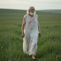 old prophet wandering about a meadow. skin translucency.