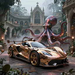 biomechanical shiny steampunk vehicle reminiscent of very fast sportscar and octopus and (glowing) lights parked in ancient lush palace, gothic and baroque, brutalist architecture, ultradetailed, creepy ambiance, fog, artgerm, giger, Intricate by Ellen Jewett and Josan Gonzalez and Giuseppe Arcimboldo