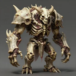 A spiked horned ork skeleton with armored joints stands. Massive shoulderplates made of bone. Extremely high detail, realistic, fantasy art, solo, masterpiece, bones, ripped flesh, art by Zdzisław Beksiński, Arthur Rackham, Dariusz Zawadzki