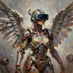 angel, wings, cybertronic gadgets and vr helmet, flesh + technology, durty colours, rotten textures, rusty shapes, biotechnology, norman rockwell, tim hildebrandt, dariusz zawadzki, bruce pennington, larry elmore, hyperrealistic oil painting on canvas, deep depth field, masterpiece, cinematic composition, hyper - detailed, hd
