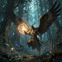 A single male druid, with antlers on his head and large hawk wings on his back, casting a powerful glowing spell in the middle of an enormous, enchanted forest, dreamscape, dramatic lighting, fantasy art illustration, trending on artstation, Aetherpunk