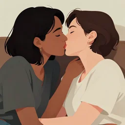 close - up portrait of a mixed race lesbian couple in love kissing on the sofa, very romantic, highly detailed, smooth, stylized, medium shot, vector line art, clean cel shaded vector art, by lois van baarle and ross tron, artgerm, helen huang, makoto shinkai, ilya kuvshinov, rossdraws