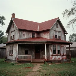 bloody stained house from the 1 9 8 0's with no furniture. nostalgia, film photo, soft lighting