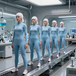 line of six identical athletic female clones in formation, white hair, tight light blue neopren suits, elevated conveyor belt, futuristic chemistry lab, sci - fi, highly detailed, cinematic