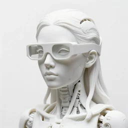 full head and shoulders, beautiful female porcelain sculpture with lots of white 3 d cyborg elements, prosthetics, 3 d goggles, smooth, all white features on a white background, delicate facial features, white eyes, white lashes, detailed white, anatomical, transparency by daniel arsham and james jean