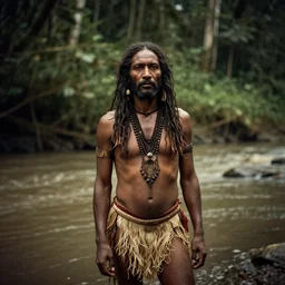 very realistic photo!!! medium shot of tribal magician  man ,. background: jungle river, very heavy vignette!!!, dramatic dark ,1900s picture