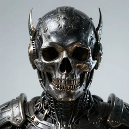 a portrait of a dark sci fi skull encased in dark sci fin armor and ornate metal ornaments, cinematic lighting, smooth, high detail, complex shapes, unreal engine, octane render, by blizzard studios, golden rule, sense of action, fog volumes, vivid color glow, post processing, cgsociety