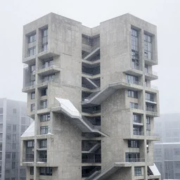 snow falling on complex, geometric brutalist high rise buildings designed by lebbeus woods, fragmented architecture, diagonal shapes, complex ramps, balconies, stairways, sharp focus, clear focus, beautiful, award winning architecture, le corbusier, frank lloyd wright, snow, fog, mist, hopeful, quiet, calm, serene