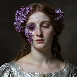 hyperrealism close - up mythological portrait of a medieval woman's shattered face partially made of lilac colour flowers in style of classicism, pale skin, wearing silver dress, dark and dull palette
