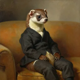 a portrait painting of a weasel in suit sitting on a sofa, by rembrandt, humanoid, anthropomorphic, personify, trending on artstation