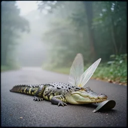 a lomography photo of crocodile with fairy wings on foggy forest road this morning, bokeh,