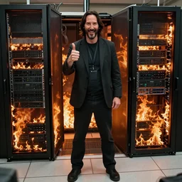 A photo of Keanu Reeves as a system administrator doing a thumb up to the camera in front on burning servers, servers in flames in the background, happy system administrator doing a thumb up, uncropped, full body