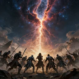beautiful cinematic artwork of an epic battle staring with a cosmic rift in the sky greg rutowski, masterpiece, 4k