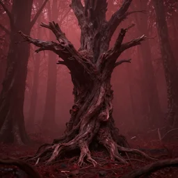 concept art, rotten tree spirit lost in a dark foggy red forest, extremely detailed, golden ratio, octane render