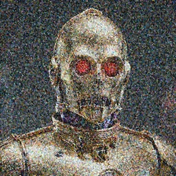 portrait of a menacing evil villain robot, glowing dark red eyes, metal teeth, purple tubes, striking, Terminator, Ultron, sci-fi, C-3PO