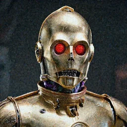 portrait of a menacing evil villain robot, glowing dark red eyes, metal teeth, purple tubes, striking, Terminator, Ultron, sci-fi, C-3PO