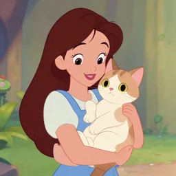 girl holding a cat in pixer and disney style