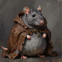 a obese gray sniveling rat person wearing a decaying brown cloak, color painting by andreas rocha