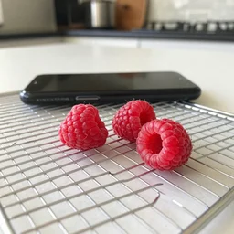 low angle, mobile photo of few raspberries lie on a сhopping board on the table, kitchen background, android cameraphone, 2 6 mm