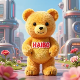 portrait of haribo bear in future city, color and shape focus, central composition, natural light, bloom, puff, by simon stalenhag and rene magritte and a