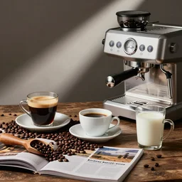 magazine quality photo shoot of beautifully displayed espresso, beans, coffee cups, milk, espresso machine