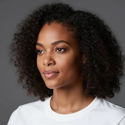 beautiful realistic studio portrait photograph stunning professional head shot of a beautiful african woman with natural hair wearing a white t - shirt age 3 5 looking to the left, by annie liebovitz, professional portrait photograph spectacular detail trending on artstation 8 k