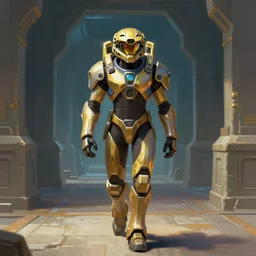 character portrait of samus aran from metroid wearing the gravity suit walking through an ancient temple hallway, 8 k, realistic shading, symmetrical face details, digital painting, matte painting, concept art, illustration, halo infinite, good value control, vibrant colors, john singer sargent