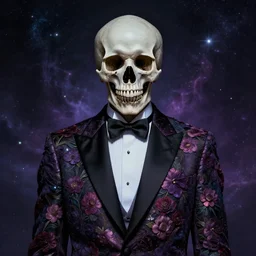 A death in a tuxedo with a flower pattern, beautiful fantasy portrait, highly detailed, cosmic horror, concept art, 4K, HDR, trending on ArtStation
