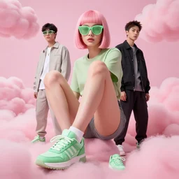 3 d, fashion model with short pink hair, sunglasses with light green lenses, photorealistic, green sneaks, soft light, hyper detailed, photo realistic, vouge style photo, pink clouds background, by tooth wu and wlop and beeple and greg rutkowski