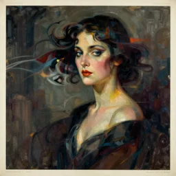 1920s art deco by Tito Corbella, moody, an abstract portrait of a lady enshrouded in a surrealist representation of quick frenzied motion blur of movement, abstract, 70s Sci-Fi art by Jack Gaughan, by Igor Scherbakov by Anthony Cudahy, vintage postcard illustration, cover by Mitchell Hooks
