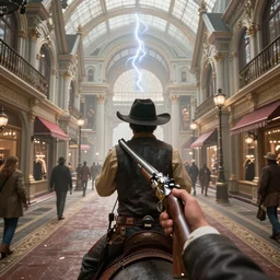 third person view of a cowboy, carrying a gun, on a victorian shopping mall, cinematic lightning, ray tracing, unreal engine 5, photorealistic, 8 k, uhd, 4 k, red dead redemption 2 game concept, extremely detailed, beautiful, elegant, intricate, foggy, in - game footage