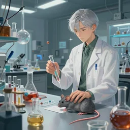 mouse in a lab coat performing a chemistry experiment, in a cluttered lab, lots of beakers, illustration, cyberpunk, sci - fi fantasy, intricate, elegant, highly detailed, digital painting, artstation, concept art