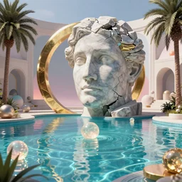 David Ligare masterpiece, hyperrealistic surrealism, award winning masterpiece with incredible details, beautiful lighting, pool caustics, illuminated orbs, epic stunning, infinity pool, a surreal vaporwave liminal space, highly detailed, trending on ArtStation, broken giant marble head statue ruins, calming, meditative, geometric liminal space, palm trees, very vaporwave, very very surreal, sharp details, giant gold rings