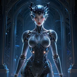 front pose, stunning beautiful young girl alluring biomech - cyberpunk model with porcelain skin, rim light, headdress of liquid dark energy, ultra - fine detail, deep space, art nouveau futuristic background, heavily detailed, spherical mesh wire, digital art by artgerm, mucha, loish, wlop, kilian eng, artstation