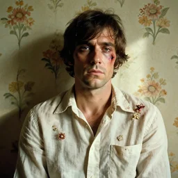 a beautiful but serious man in layers of fear, with haunted eyes, wearing a linen shirt, 1 9 7 0 s, seventies, floral wallpaper, wilted flowers, a little blood, morning light showing injuries, delicate ex embellishments, painterly, offset printing technique
