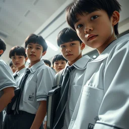 low angle shot, wide lens of group of young asian student with white uniform looking at the camera, octane render, photorealism, masterpiece painted by jc leyendecker, 8 k, high detail, fantasy art, dnd, artstation,