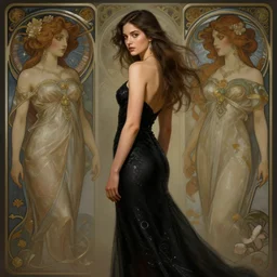 anna de armas in a black eveneing dress, deep focus, turnaround, fantasy, intricate, elegant, highly detailed, digital painting, artstation, concept art, matte, sharp focus, illustration, hearthstone, art by artgerm and greg rutkowski and alphonse mucha.