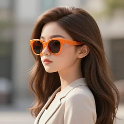 a very smart!!! girl, hair flowing down, portrait photo, profile picture, hyperrealistic, concept art, orange sunglasses, day time, octane render, unreal engine 5, digital art, high quality, highly detailed, 8K, cute, defined face, elegant clothes, trending on DeviantArt